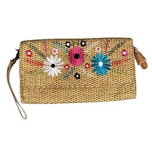 ALDO Elegant Tan and Pink Straw embroidered Wristlet Clutch